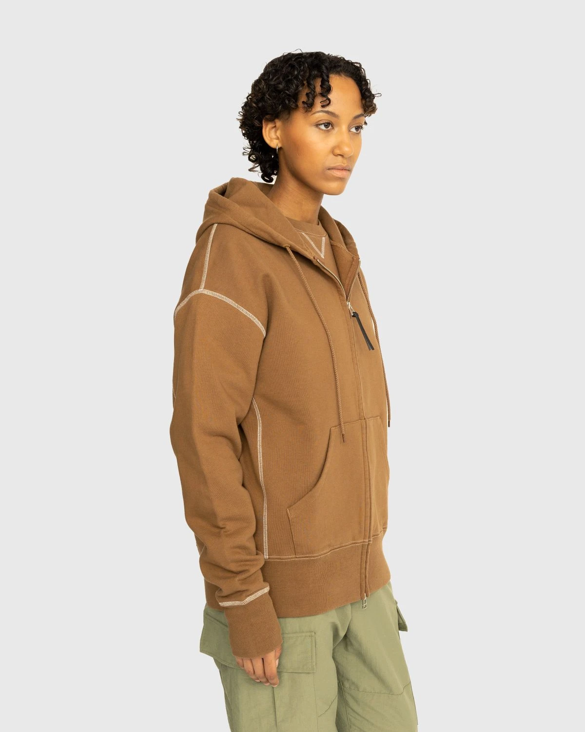 Highsnobiety – Contrast Stitch Zip Fleece Hoodie Brown - Image 4