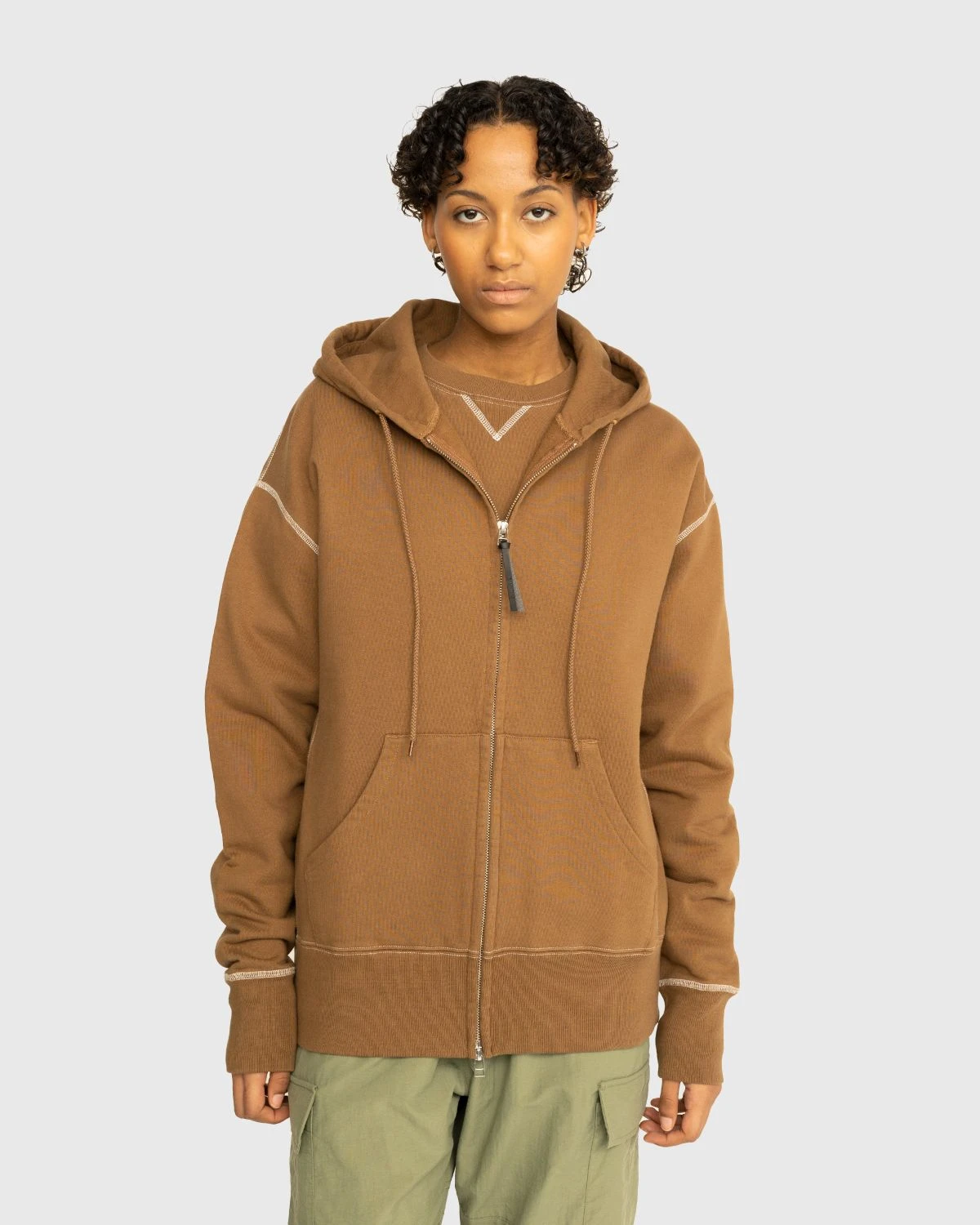Highsnobiety – Contrast Stitch Zip Fleece Hoodie Brown - Image 2